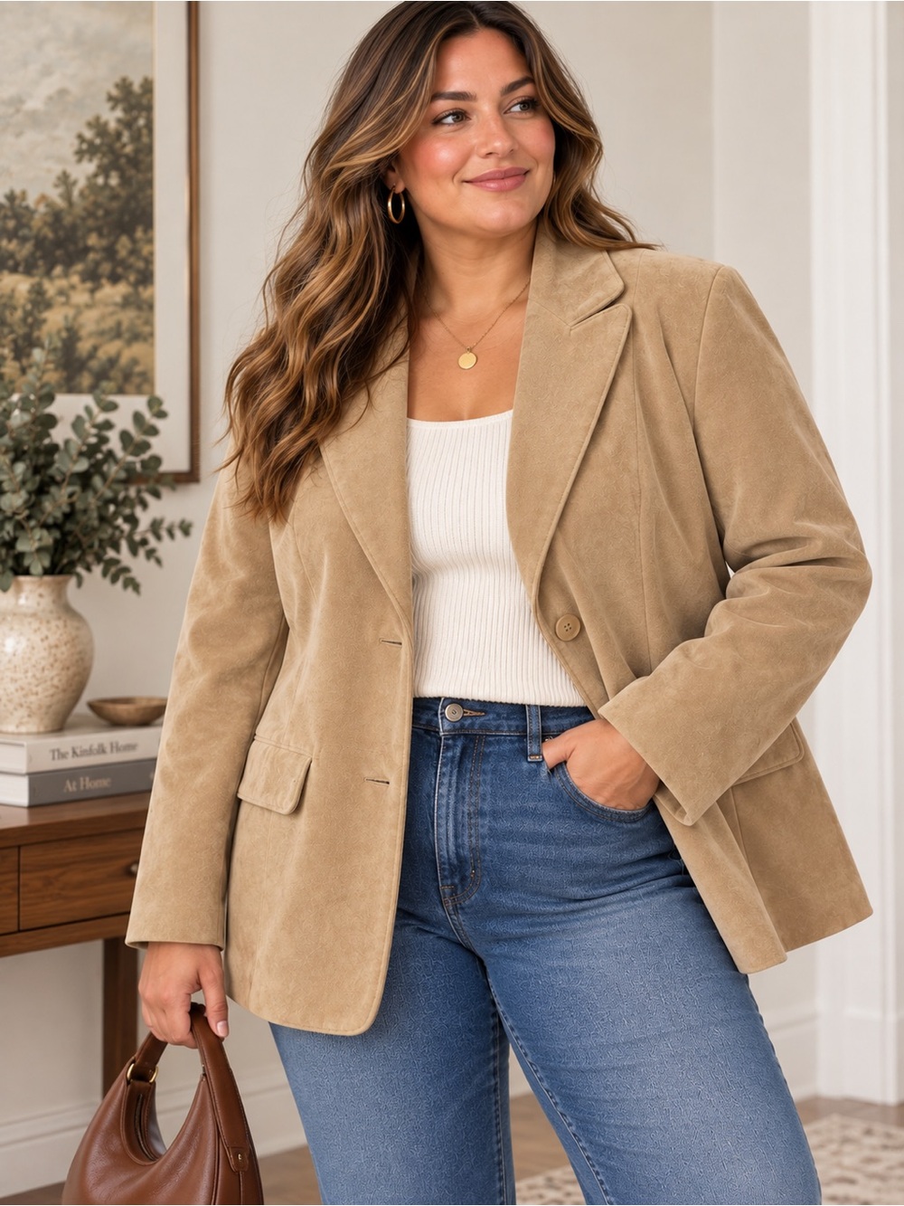 A. Bernardo Genuine Suede Leather Blazer XL Tan Beige Longline Jacket